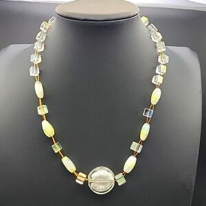 AB Cube & Givre Art Glass Necklace Bracelet and Earring Set Gold Tone Wire